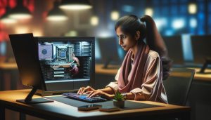 Woman using a computer with visible hardware components
