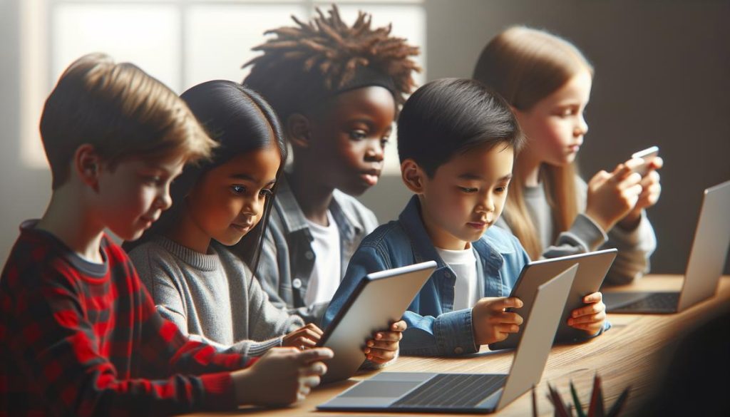 Children engaged with tablets and phones in a group setting