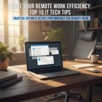 Home office setup with connected devices and cloud symbols, representing efficient remote work.