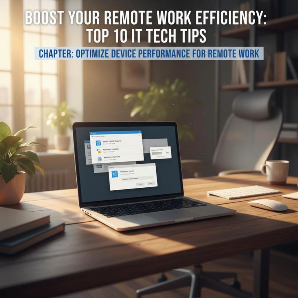 Home office setup with connected devices and cloud symbols, representing efficient remote work.