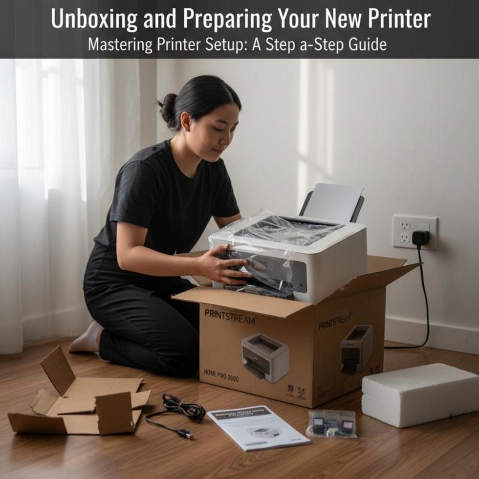 New printer surrounded by printed documents on a clean desk, indicating readiness.