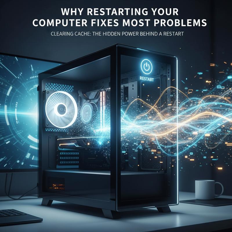 Illustration of cache clearing during a computer restart.