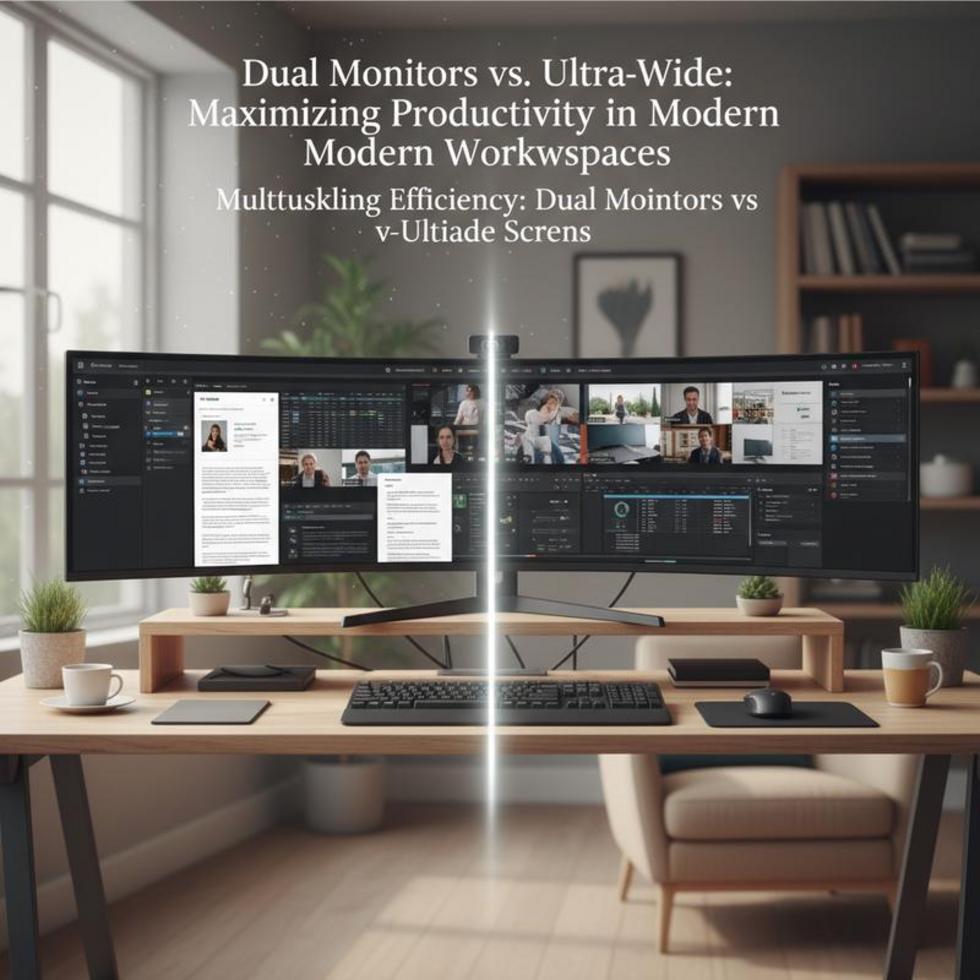 A modern home office with dual monitors on one desk and an ultra-wide screen on another, representing the choice between setups.