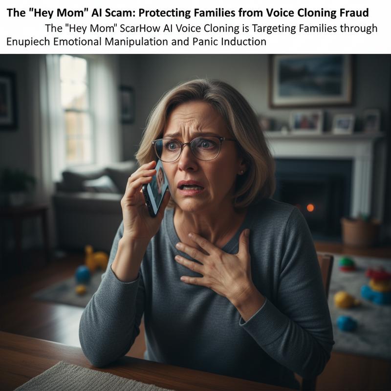 A mother reacting to a scam call mimicking her child’s voice, showcasing emotional manipulation.