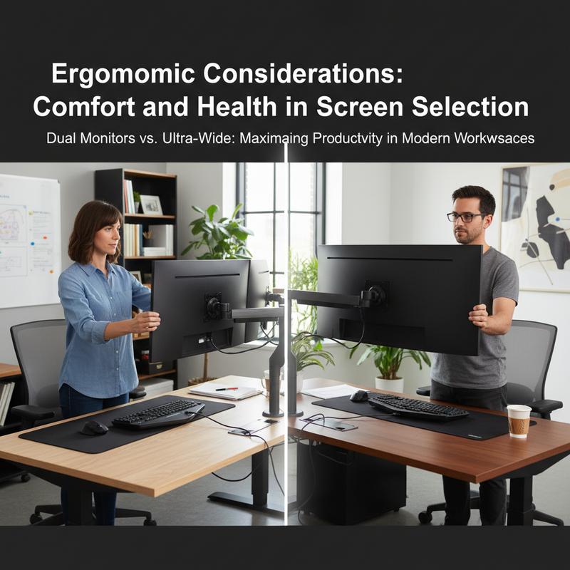 Comparing multitasking capabilities of dual monitors and ultra-wide screens in a home office setup.