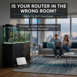 A contrasting image of a router hidden in a closet versus one placed in an optimal spot for better coverage.