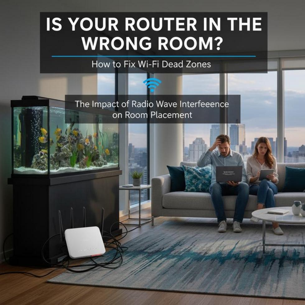 A contrasting image of a router hidden in a closet versus one placed in an optimal spot for better coverage.