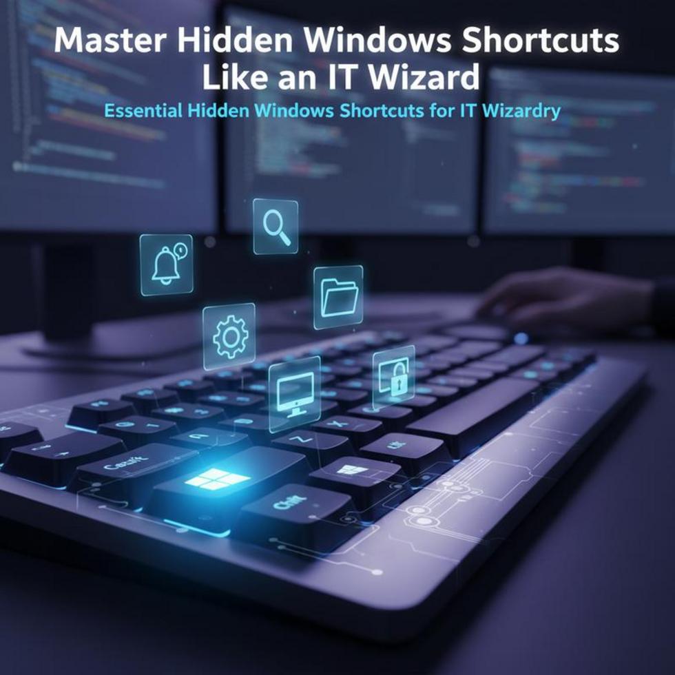 Office workspace with a computer showing Windows shortcuts and commands.
