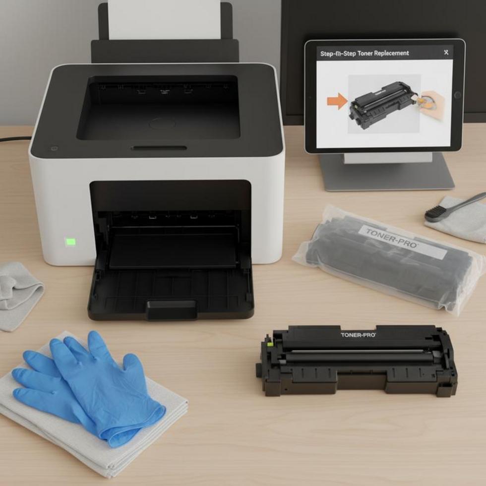 An organized office with a user in the act of replacing a printer toner cartridge.