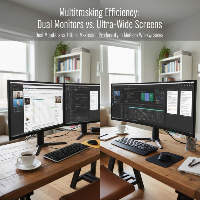 Comparing multitasking capabilities of dual monitors and ultra-wide screens in a home office setup.