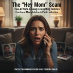 A warm family photo overlaid with digital code, symbolizing the protection of families against AI voice cloning threats.