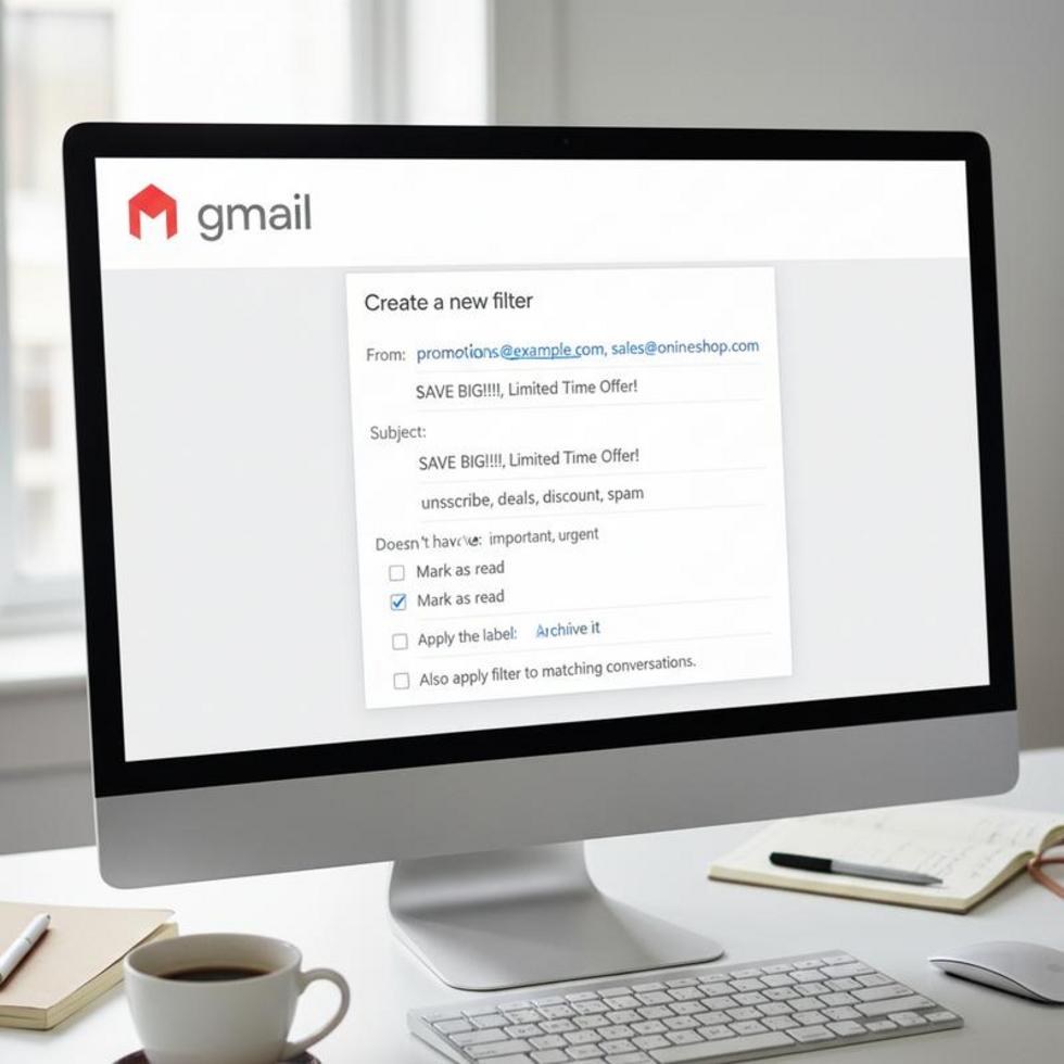 A desk setup with a computer displaying Gmail and Outlook interfaces, focusing on email filter setups.