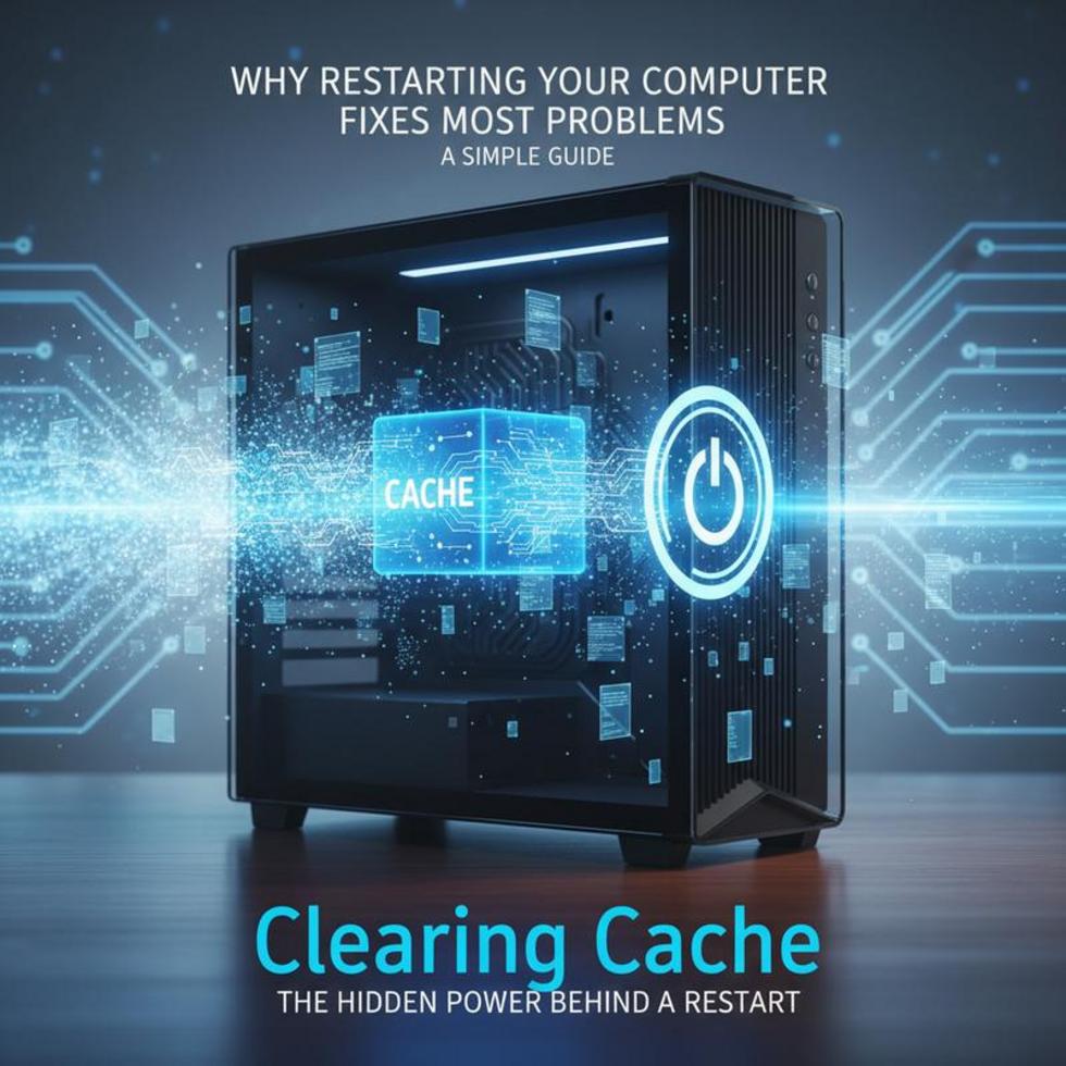 Image of a laptop restarting with visual effects of system optimization.