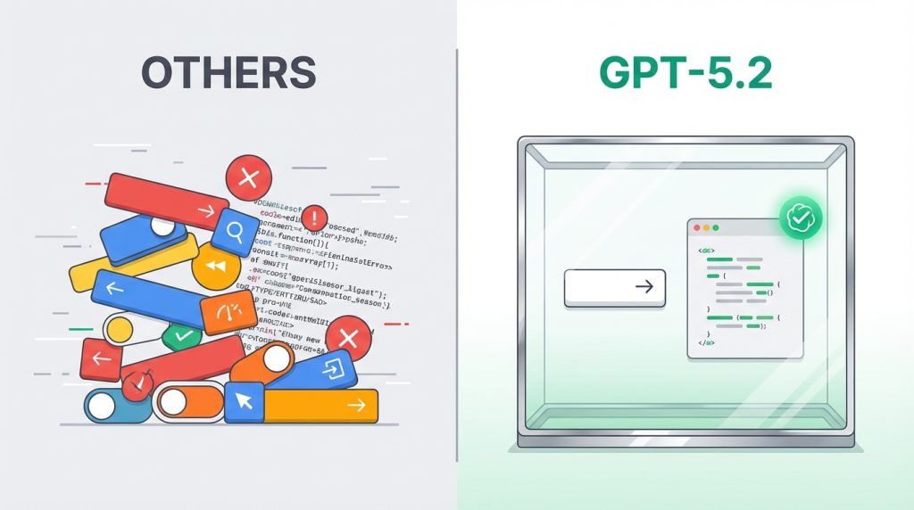 split-screen comparison showing a messy interface labeled 'Others' versus a clean, structured interface labeled 'GPT-5.2'.