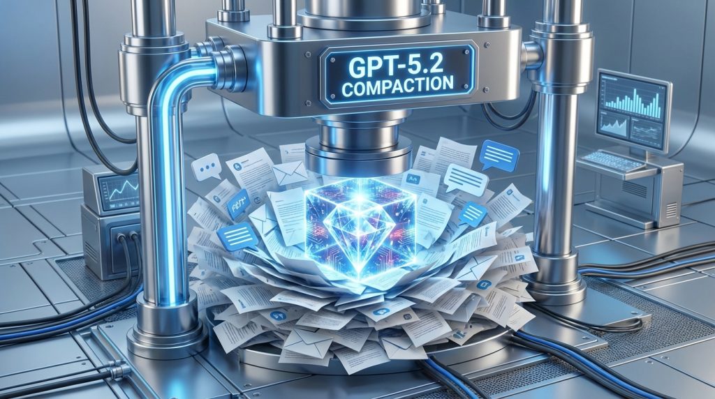 3D illustration of a digital hydraulic press compressing chaotic documents into a single glowing diamond labeled 'GPT-5.2 Compaction'