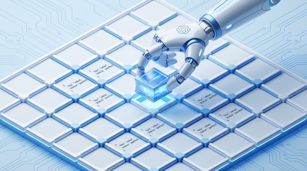Robotic arm placing a glowing data block into a perfect JSON grid structure