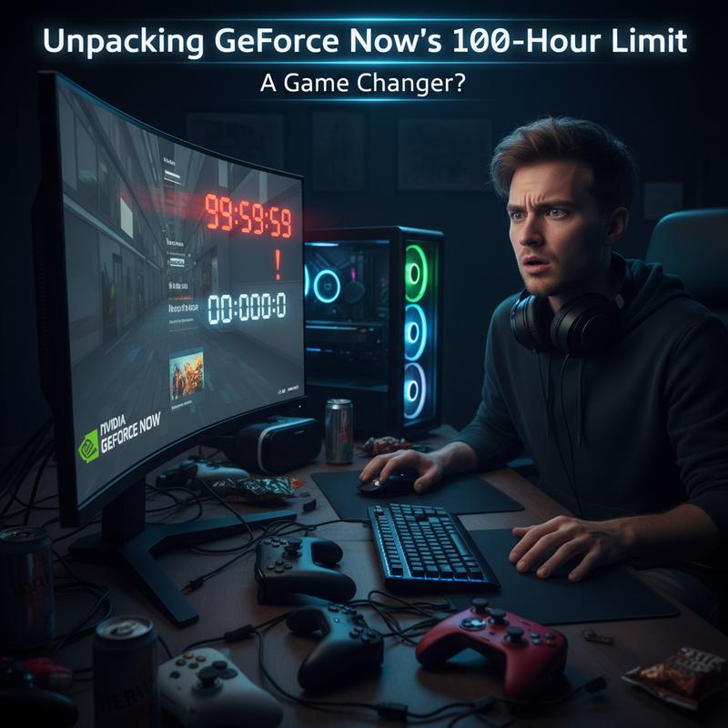 A gamer contemplates the new 100-hour playtime limit on GeForce Now.