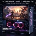Photo-realistic scene of gaming setup with AMD GPU featuring FSR 4 Redstone.