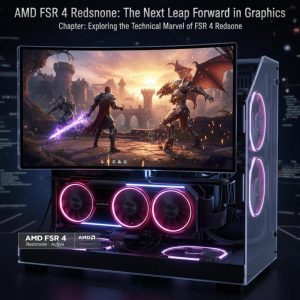 Photo-realistic scene of gaming setup with AMD GPU featuring FSR 4 Redstone.