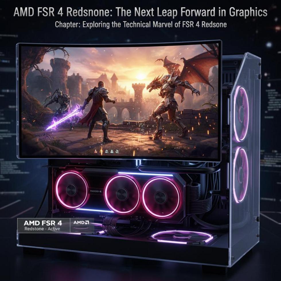 Photo-realistic scene of gaming setup with AMD GPU featuring FSR 4 Redstone.