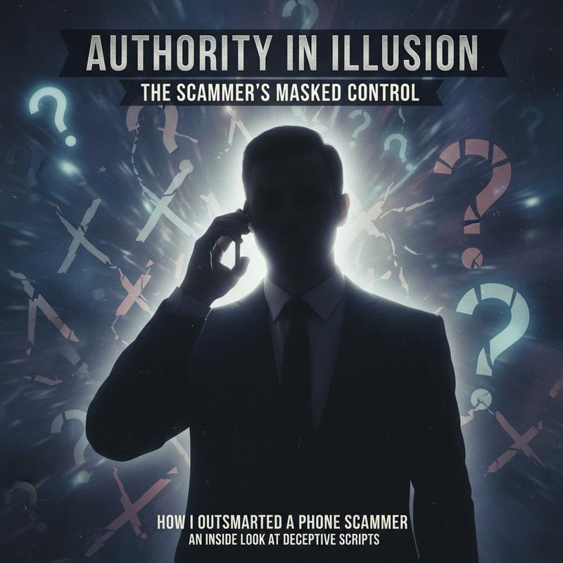 A wary individual handling a phone call amid digital warning icons.