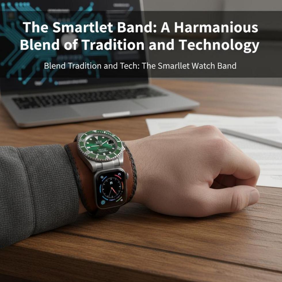 A Smartlet watch band displaying a Rolex and an Apple Watch, highlighting innovation in wearable technology.
