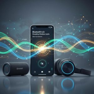 Illustration of wireless headphones with vibrant waves depicting Bluetooth 6.0 capabilities.