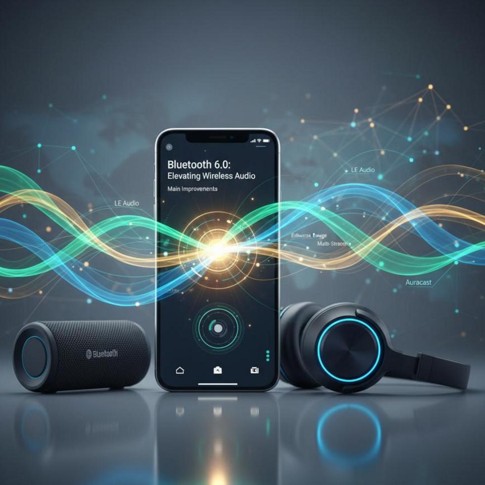 Illustration of wireless headphones with vibrant waves depicting Bluetooth 6.0 capabilities.
