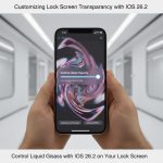 An iPhone featuring the new Liquid Glass settings from iOS 26.2 against a futuristic backdrop.
