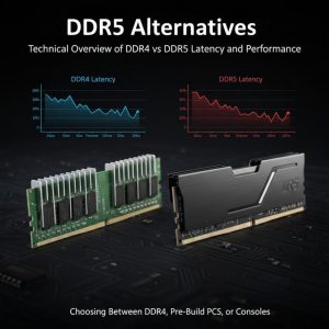 A collage featuring DDR4 memory, pre-built PCs, and consoles, illustrating various alternatives to DDR5.