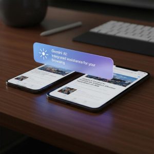 Person using iPhone and iPad with Chrome, showing Gemini AI features.