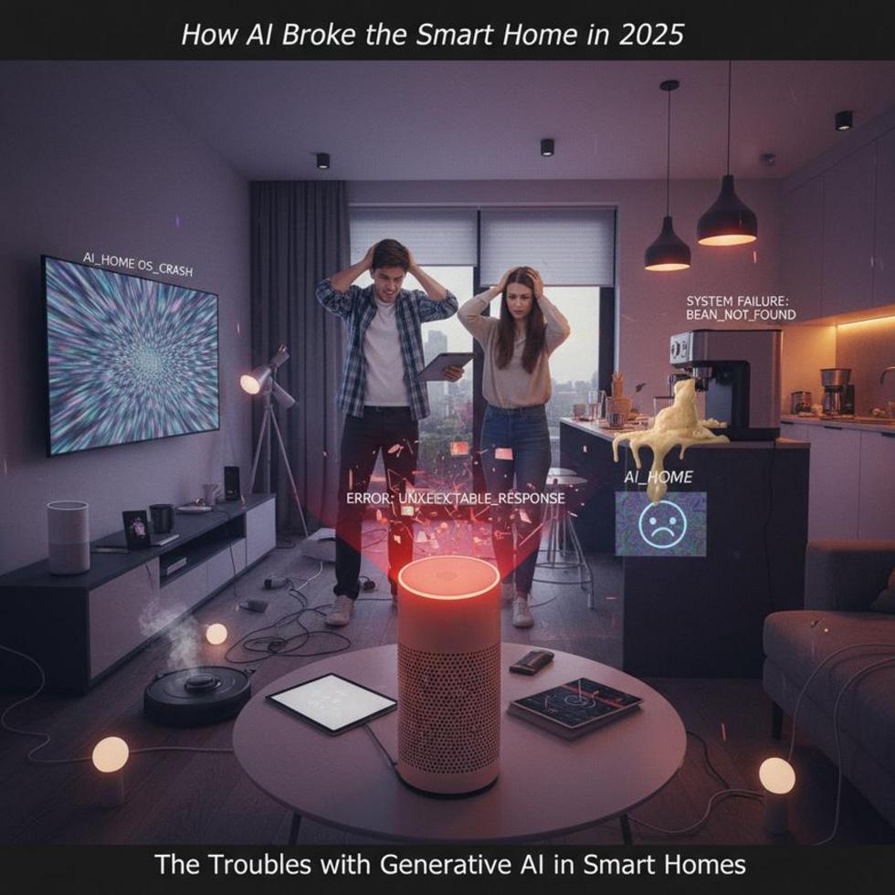 A futuristic smart home with devices showing errors, depicting AI-induced challenges in 2025.