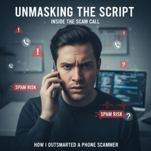 Individual with phone in hand, surrounded by cautionary symbols, representing alertness against scams.