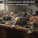A satirical depiction of failed storage devices amid a backdrop of vanishing family photos.