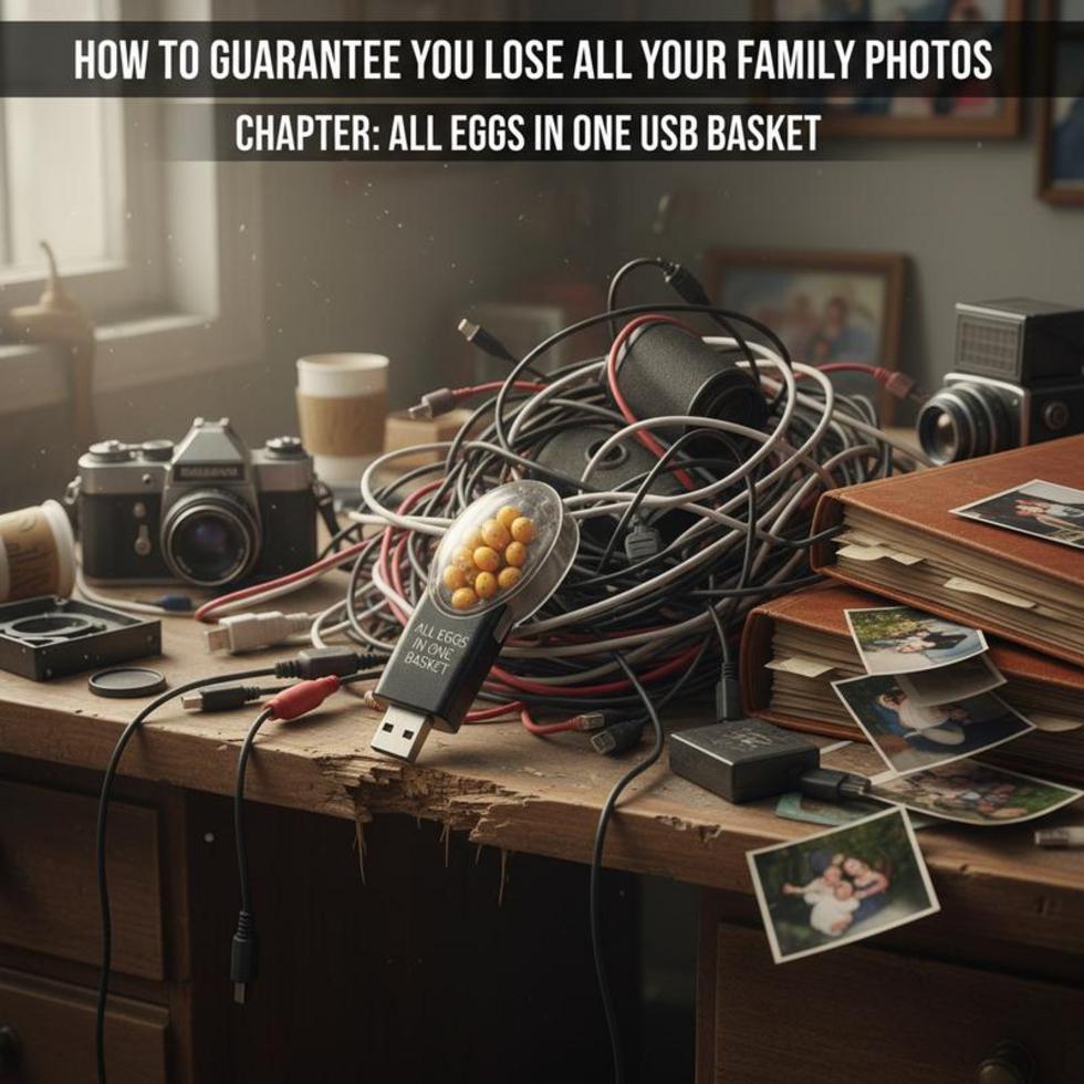 A satirical depiction of failed storage devices amid a backdrop of vanishing family photos.