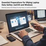 A person in action, securely wiping data from laptops, with visual cues of security and recycling.