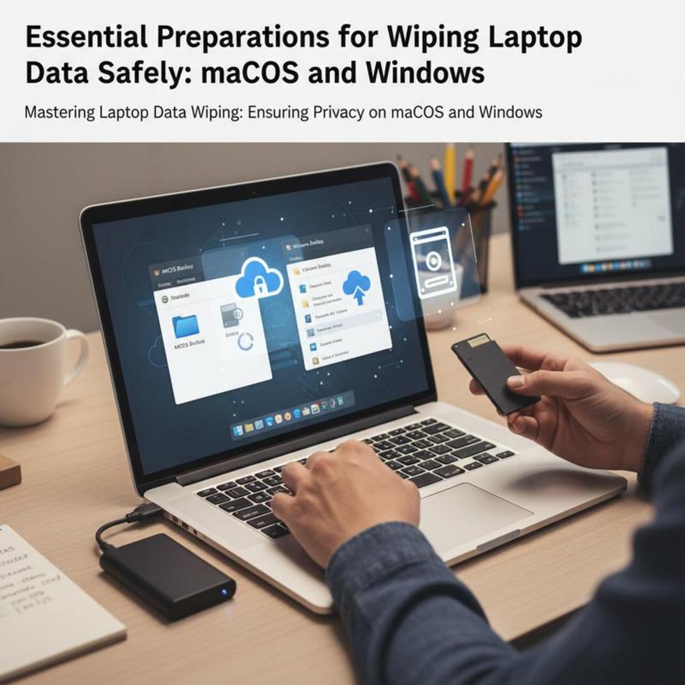 A person in action, securely wiping data from laptops, with visual cues of security and recycling.