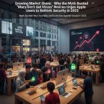 A Mac laptop screen showing a cracked shield icon, representing vulnerability to viruses.