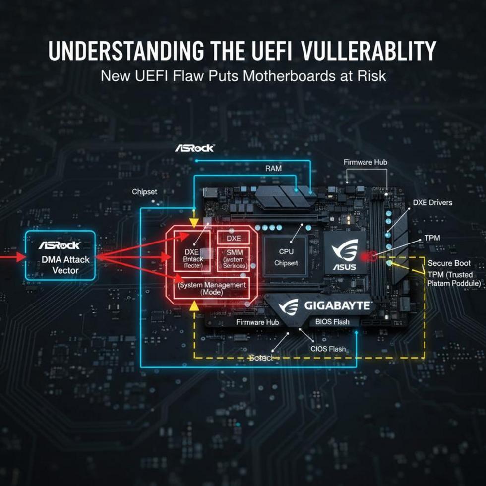 Motherboard with digital code representing UEFI vulnerability backdrop.