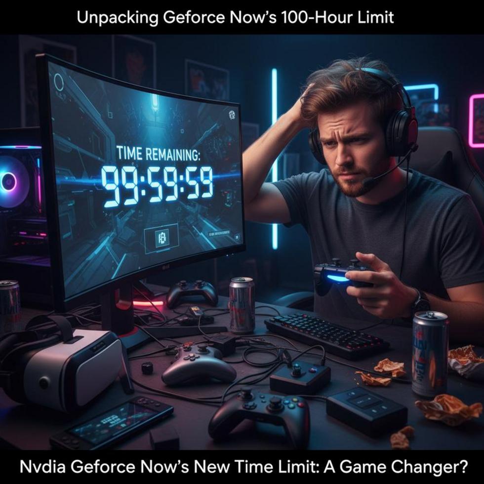 Digital timer showing 100 hours among different gaming devices, illustrating Nvidia's new rule.