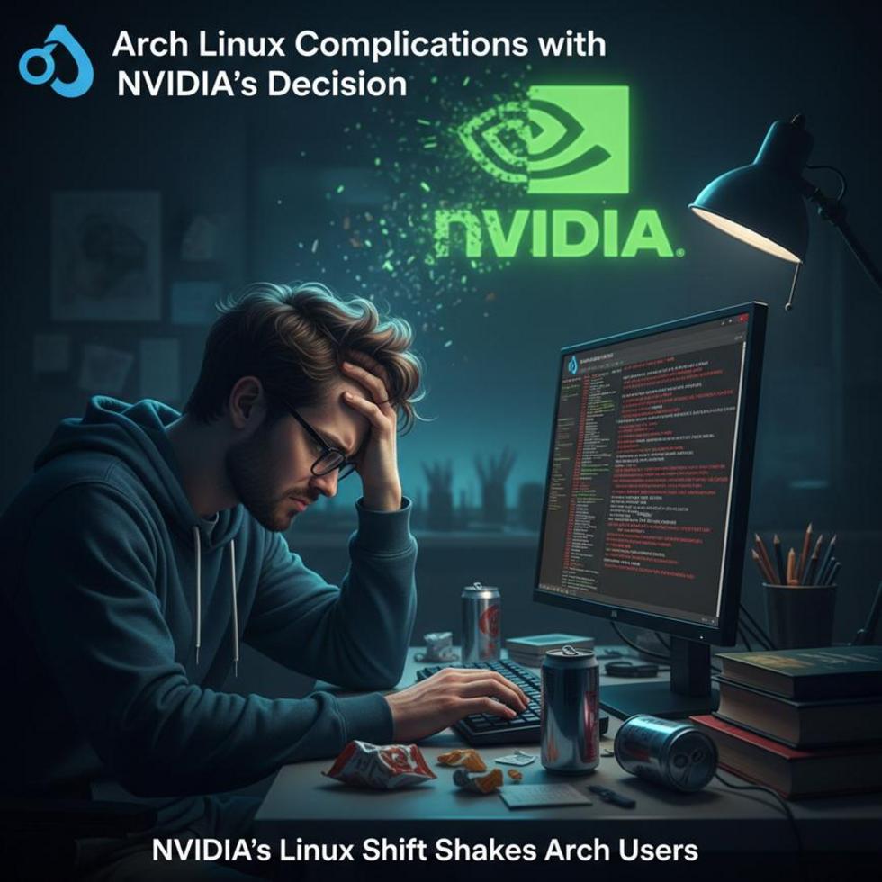 A collage depicting broken NVIDIA drivers, Arch Linux, and user confusion.