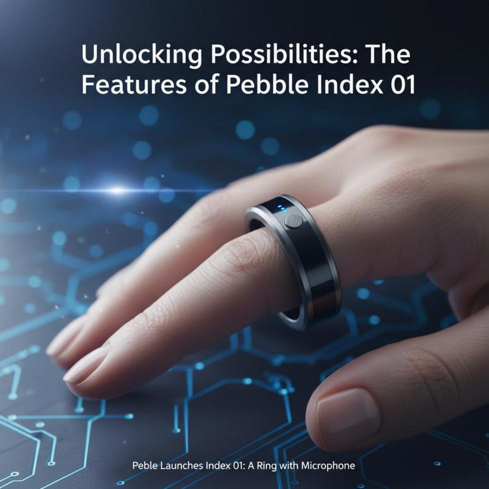 A hand wearing the Pebble Index 01 ring against a city backdrop, illustrating the blend of daily life and tech.