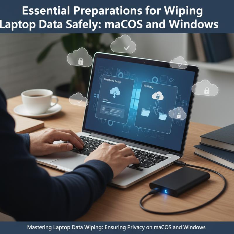 Preparing a laptop for data wiping, focusing on backup and account deauthorization.