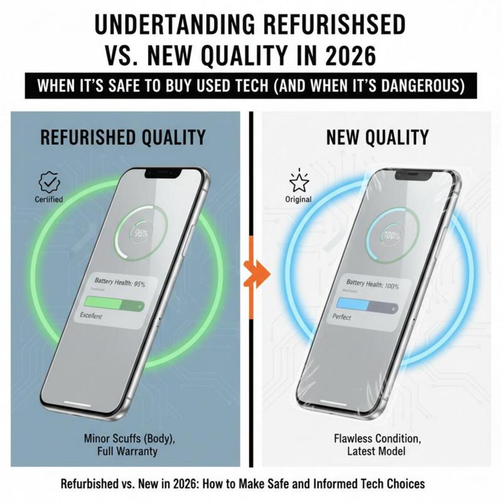Image showing both new and refurbished tech devices with environmental sustainability elements.