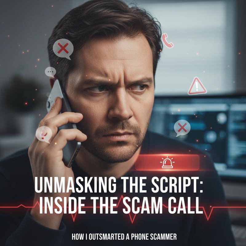 A wary individual handling a phone call amid digital warning icons.
