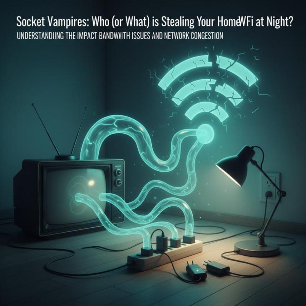 A Wi-Fi router with ghostly figures around it, symbolizing socket vampires and network threats.