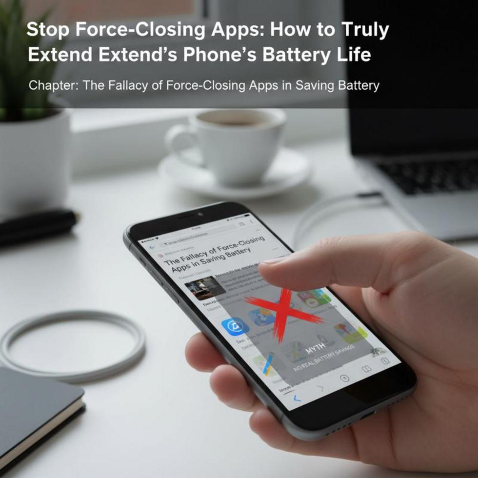 A smartphone with battery settings displayed, surrounded by efficiency icons.