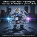 A QR code casting a hacker's shadow over a digital workspace, representing cybersecurity threats.