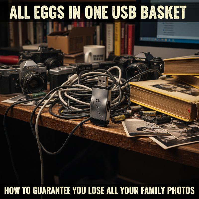 A metaphor-filled depiction of relying on one USB drive for all photo storage.