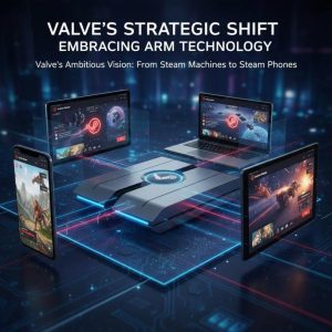 A dynamic scene showcasing a seamless gaming experience on various Arm-powered devices, reflecting Valve's vision.
